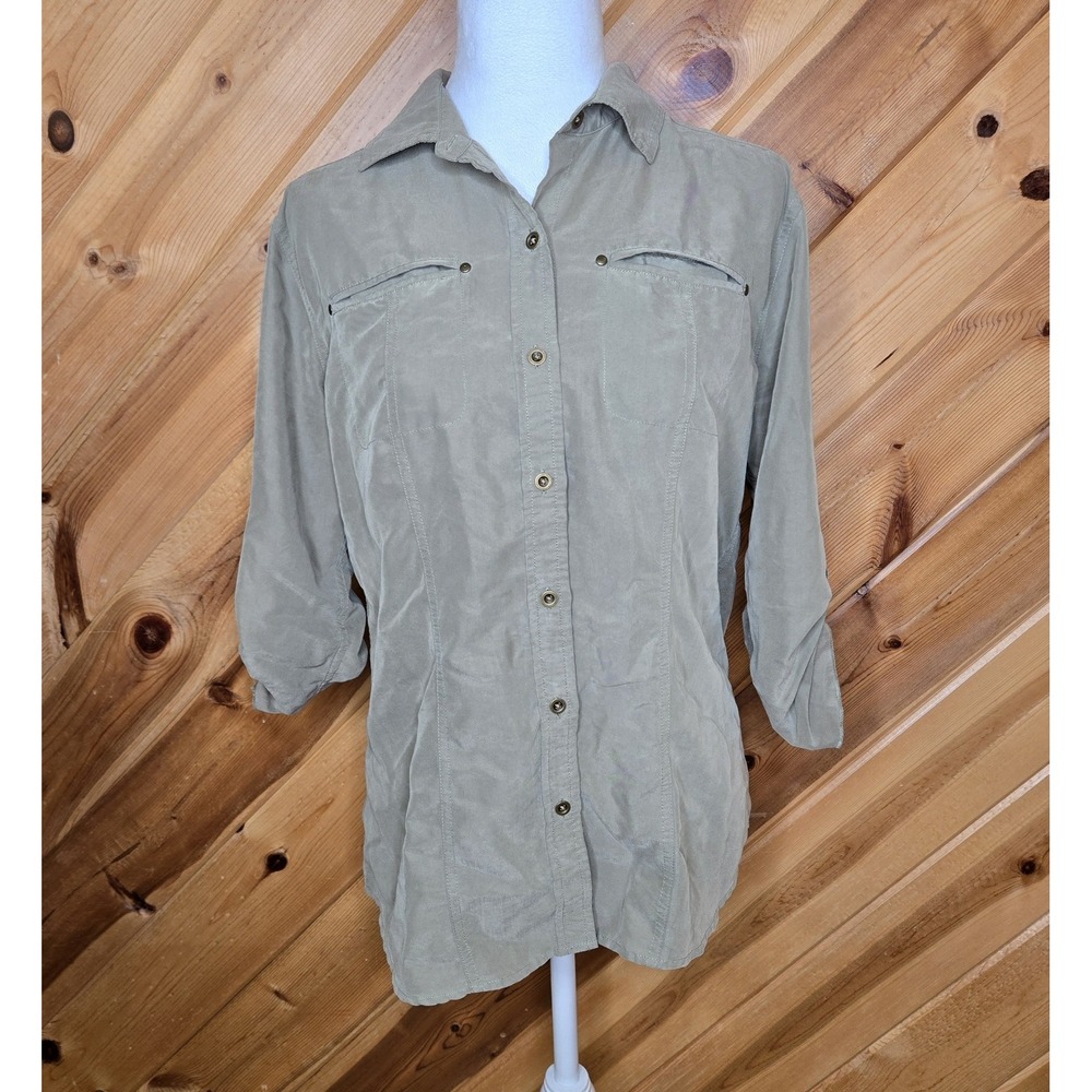 Calvin Klein Womens Medium Green Blouse Modal Blend 3/4 Sleeve Button Down